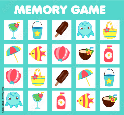 Beach fun Memory game for toddlers. Educational children game. Summer holidays theme