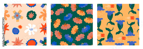 Set of crazy Eye Catchy floral patterns. Unusual wildflowers, such as poppy, daisy, dandelion, chamomile, sunflower, pansies combinations. Great as for home textile and interior decoration, bed linen