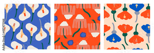 Scandinavian Flowers patterns, retro vintage collection. Unusual garden plants, such as poppy, chamomile, calla in trendy cut out style. Seamless print for wallpapers or fabric. All items are isolated