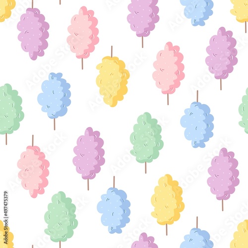 Fun cotton candy seamless vector pattern. Kawaii kids cartoon illustration. Cute hand drawn background for packaging, print, wrapping paper, gift, fabric, wallpaper, textile, card, apparel.