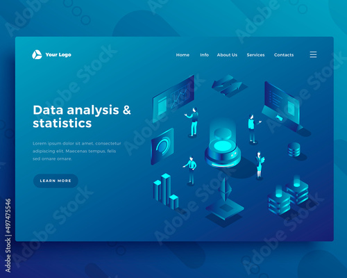Data analysis isometric landing page template. Financial analytics, statistics reports web banner. Information management, market research services promotional website page design layout