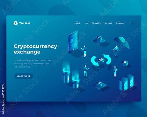 Cryptocurrency exchange isometric landing page template. Virtual space monetary transactions. Cyber money financial marketplace technology. Bitcoin purchase software website design layout