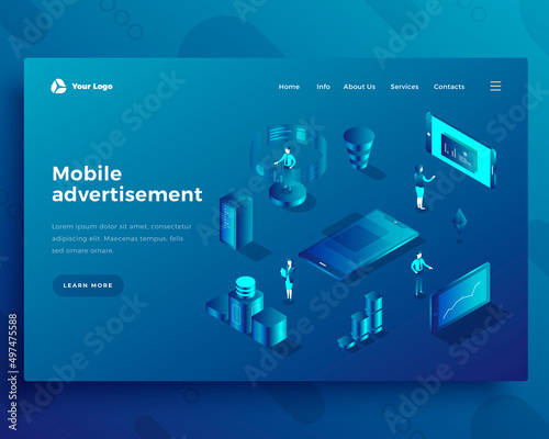 Mobile advertisement isometric landing page template. Smartphone apps adverts web banner. Mobile application promotional content generation. Cell phone commercials creation website design layout