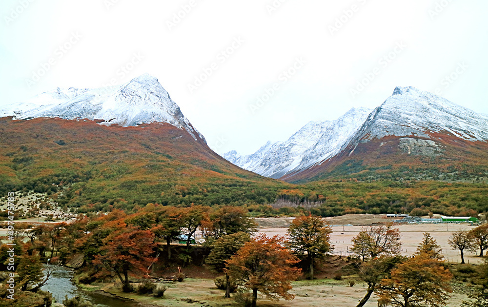 Fototapeta premium Amazing Autumn Landscape with Snow-capped Mountainrages in Tierra del Fuego, Patagonia, Argentina, South America