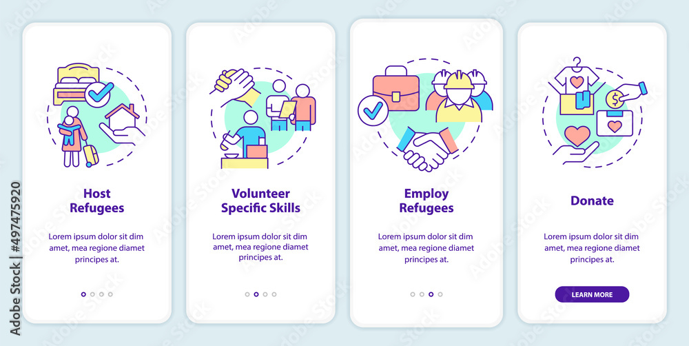 Helping and supporting refugees onboarding mobile app screen. Walkthrough 4 steps graphic instructions pages with linear concepts. UI, UX, GUI template. Myriad Pro-Bold, Regular fonts used