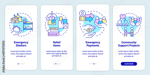 Ways to help refugees onboarding mobile app screen. Emergency walkthrough 4 steps graphic instructions pages with linear concepts. UI, UX, GUI template. Myriad Pro-Bold, Regular fonts used