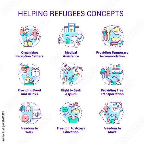 Helping refugees concept icons set. International asylum seekers assistance idea thin line color illustrations. Isolated symbols. Editable stroke. Roboto-Medium, Myriad Pro-Bold fonts used