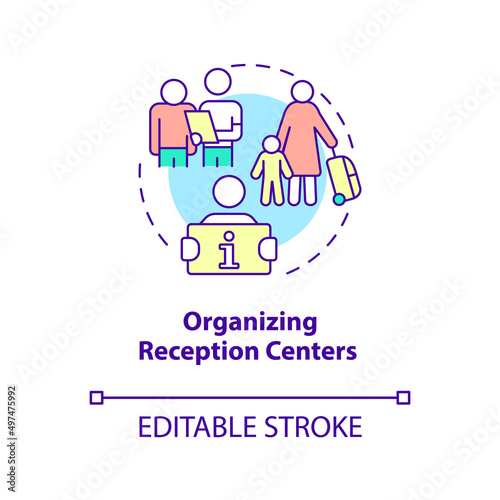 Organizing reception centers concept icon. Support immigrants. Government initiative abstract idea thin line illustration. Isolated outline drawing. Editable stroke. Arial, Myriad Pro-Bold fonts used
