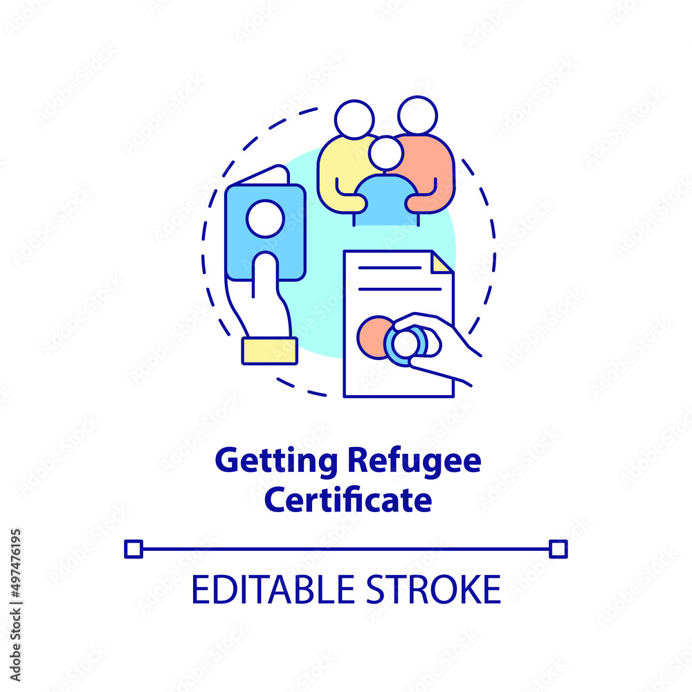 Getting refugee certificate concept icon. Belongings and documents abstract idea thin line illustration. Isolated outline drawing. Editable stroke. Arial, Myriad Pro-Bold fonts used