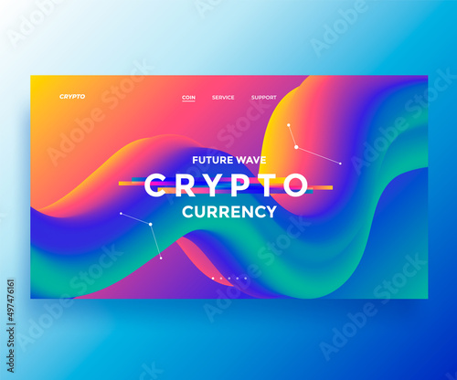 Cryptocurrency presentation banner with 3d fluid wave. Crypto landing page with abstract background. Vector illustration.