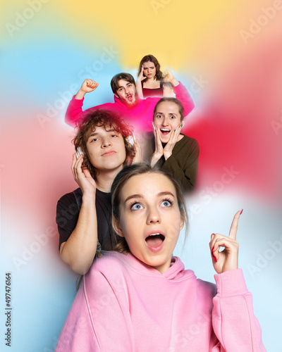 Collage made of images of young excited boys and girls on gradient multicolored background in neon. Concept of human emotions, facial expression, sales. Poster