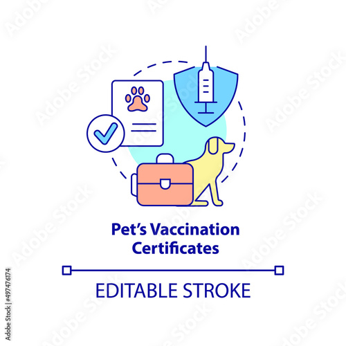 Pets vaccination certificate concept icon. Belongings and documents abstract idea thin line illustration. Isolated outline drawing. Editable stroke. Arial, Myriad Pro-Bold fonts used