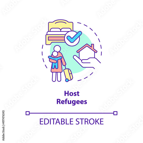 Host refugee concept icon. Provide home and room. Helping refugees abstract idea thin line illustration. Isolated outline drawing. Editable stroke. Arial, Myriad Pro-Bold fonts used