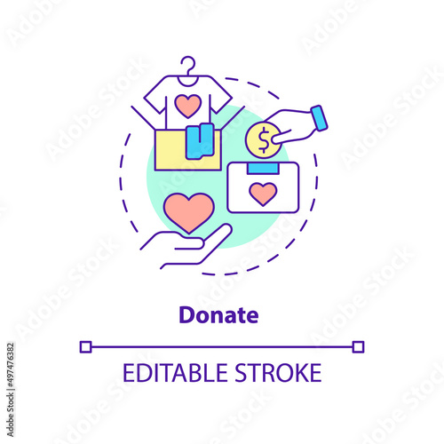 Donate concept icon. Financial help for migrants. Helping refugees abstract idea thin line illustration. Isolated outline drawing. Editable stroke. Arial, Myriad Pro-Bold fonts used