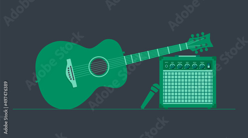Online lessons acoustic guitar banner. Music education vector illustration.