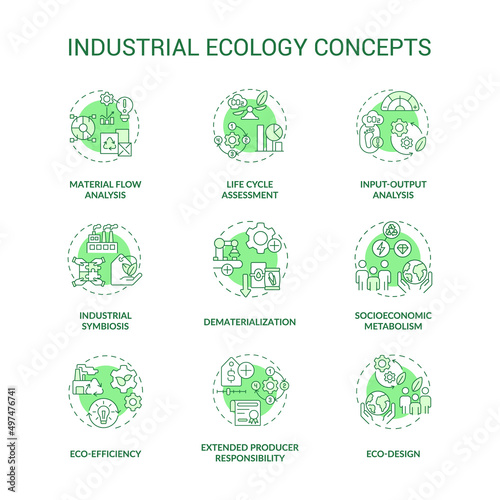 Industrial ecology green concept icons set. Symbiosis of technology and environment idea thin line color illustrations. Isolated symbols. Editable stroke. Roboto-Medium, Myriad Pro-Bold fonts used