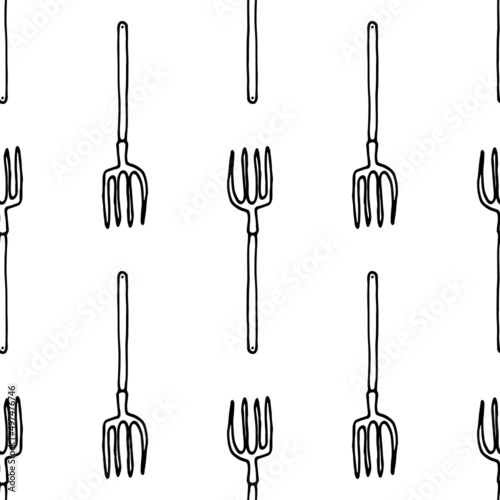 a pattern from the garden pitchfork. seamless pattern of doodle-style garden tool forks isolated black outline often on white for a design template