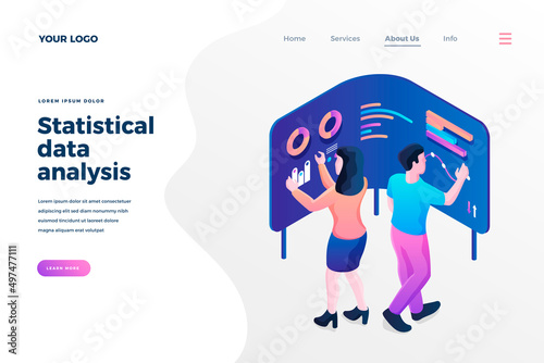 Statistical data analysis isometric landing page template. Cartoon analysts managing chart and diagrams on interactive screens. Making financial reports, presentations services homepage design layout