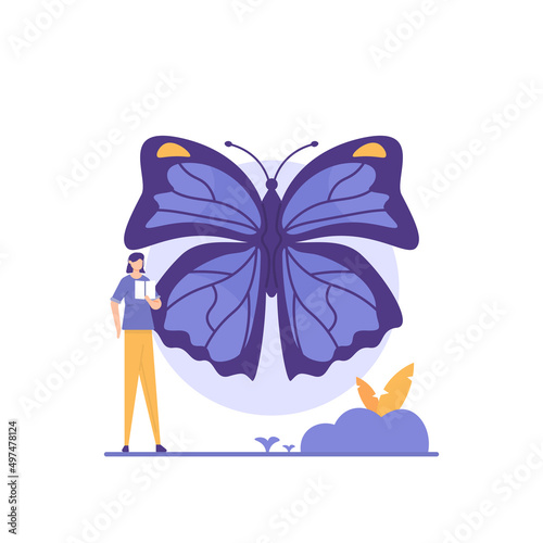 illustration of people studying about butterflies. student. National Learn About Butterflies Day. flat cartoon style. vector concept design. landing page ui element