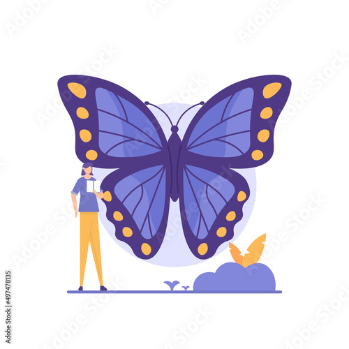 illustration of people studying about butterflies. student. National Learn About Butterflies Day. flat cartoon style. vector concept design. landing page ui element