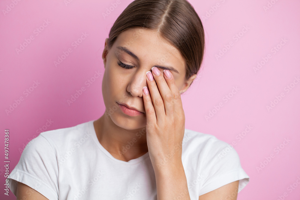 Tired Exhausted Stressed Woman Suffering From Strong Eye Pain. Tired Exhausted Stressed Woman Suffering From Strong Eye Pain.