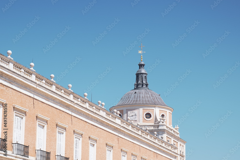 Royal Palace surroundings in Aranjuez, Madrid, Spain. Ancient royal court building. Aesthetic