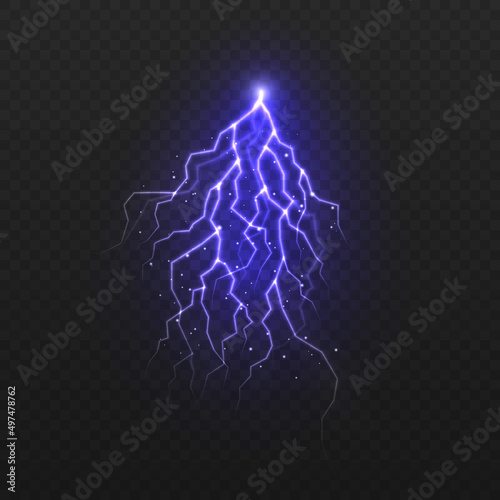 Glowing thunderbolt and lightning power shock magic lines. Powerful electric flash. Colourful oblique branchy lightning line.