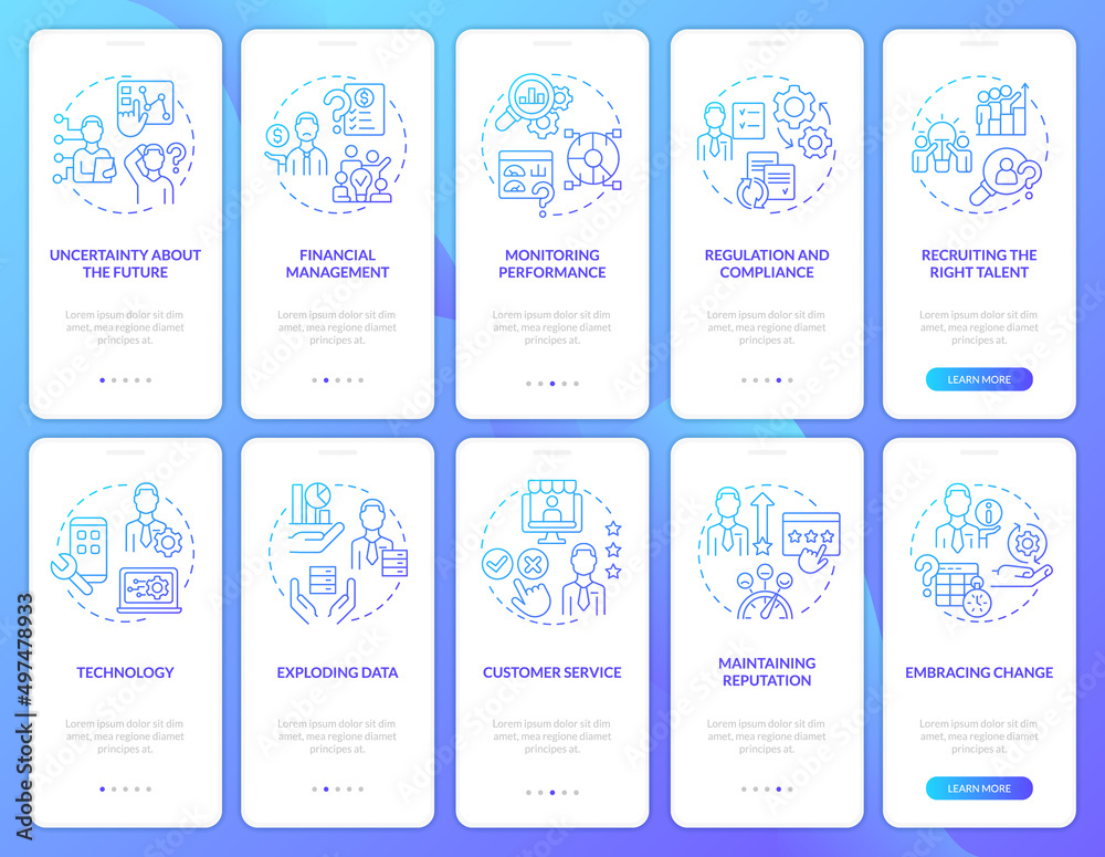 Business challenges blue gradient onboarding mobile app screen set ...