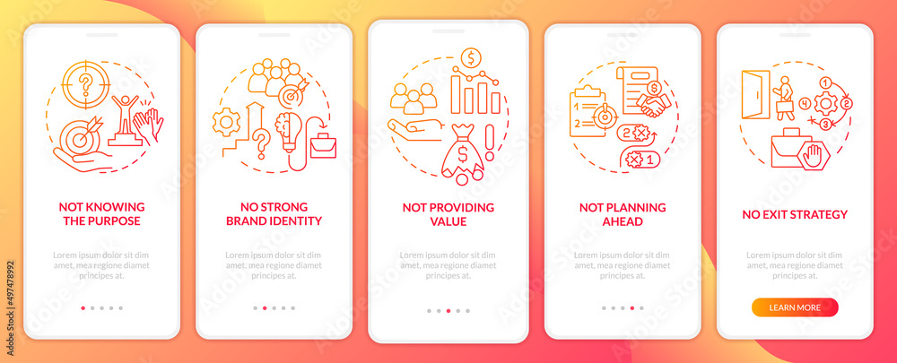 Problems faced by new startups red gradient onboarding mobile app screen. Walkthrough 5 steps graphic instructions pages with linear concepts. UI, UX, GUI template. Myriad Pro-Bold, Regular fonts used