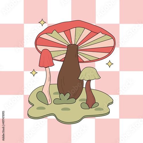 Various magic hallucinogenic mushrooms. Fantasy cute elements. Retro cartoon mushrooms on the grass. Abstract modern design. Hippie style. Vector flat illustration on an isolated background.