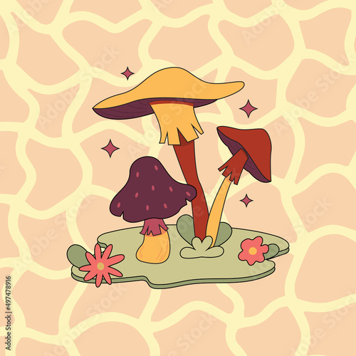 Various magic hallucinogenic mushrooms. Fantasy cute elements. Retro cartoon mushrooms on the grass. Abstract modern design. Hippie style. Vector flat illustration on an isolated background.