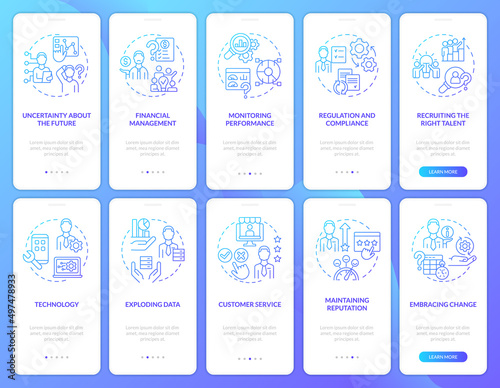 Business challenges blue gradient onboarding mobile app screen set. Walkthrough 5 steps graphic instructions pages with linear concepts. UI, UX, GUI template. Myriad Pro-Bold, Regular fonts used