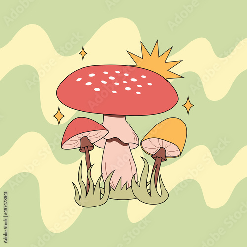 Various magic hallucinogenic mushrooms. Fantasy cute elements. Retro cartoon mushrooms on the grass. Abstract modern design. Hippie style. Vector flat illustration on an isolated background.