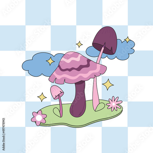 Various magic hallucinogenic mushrooms. Fantasy cute elements. Retro cartoon mushrooms on the grass. Abstract modern design. Hippie style. Vector flat illustration on an isolated background.