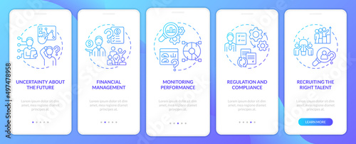 Challenges facing business blue gradient onboarding mobile app screen. Walkthrough 5 steps graphic instructions pages with linear concepts. UI, UX, GUI template. Myriad Pro-Bold, Regular fonts used
