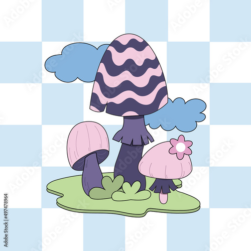 Various magic hallucinogenic mushrooms. Fantasy cute elements. Retro cartoon mushrooms on the grass. Abstract modern design. Hippie style. Vector flat illustration on an isolated background.
