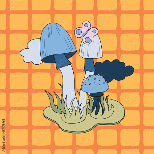 Various magic hallucinogenic mushrooms. Fantasy cute elements. Retro cartoon mushrooms on the grass. Abstract modern design. Hippie style. Vector flat illustration on an isolated background.