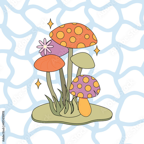Various magic hallucinogenic mushrooms. Fantasy cute elements. Retro cartoon mushrooms on the grass. Abstract modern design. Hippie style. Vector flat illustration on an isolated background.