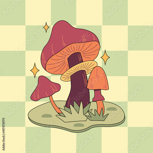 Various magic hallucinogenic mushrooms. Fantasy cute elements. Retro cartoon mushrooms on the grass. Abstract modern design. Hippie style. Vector flat illustration on an isolated background.