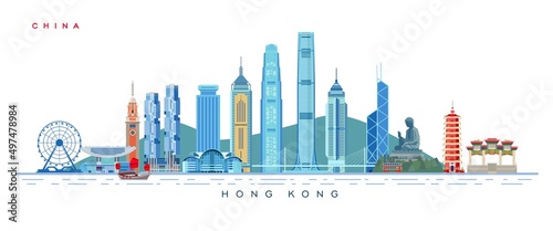 Hong Kong skyscrapers and architectural monuments. City skyline vector illustration. photo