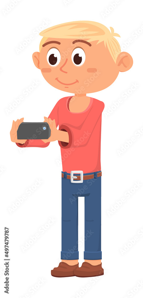 Cute cartoon boy making photo with smartphone Cute cartoon boy making photo with smartphone