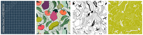 Seamless repeating patterns set with vegetables. Stylized vector line art. Abstract colorful trendy illustrations on green background. Healthy food, carbs, veganism concept