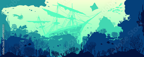 A shipwreck, a sunken filigree vessel, a wooden boat on the ocean floor with seaweed and sea creatures, an underwater world backdrop for computer games. Cartoon vector illustration