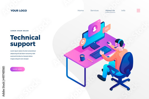 Technical support isometric landing page template. Call center worker having chat with client online. Cartoon customer helpline consultations. Hotline maintenance operator webpage design layout