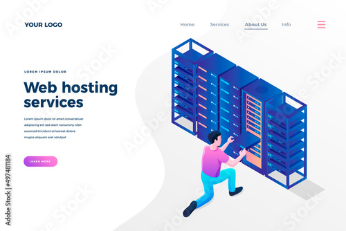 Web hosting services isometric landing page template. Programmer, engineer providing server technical support. Digital data storage system. Modern datacenter for information backup homepage design