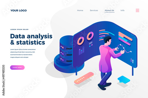Data analysis expert isometric landing page template. Financial analyst near interactive screen doing statistics report. Market research services promotional website page design layout