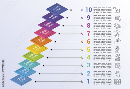 Infographic Authentication template. Icons in different colors. Include Code, Palm Recognotion, Fingerprint Recognotion, Face Authentication and others. photo