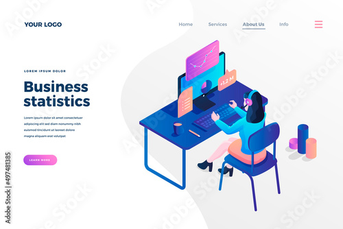 Business statistics isometric landing page template. Female stockbroker analyzing market growth. Accounting expert making financial audit, report. Consulting agency services homepage design layout