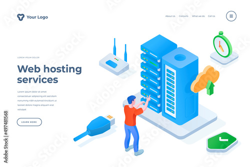 Web hosting services isometric landing page template. Cartoon programmer providing server technical support. Digital cloud service, database storage. Datacenter for information backup homepage design
