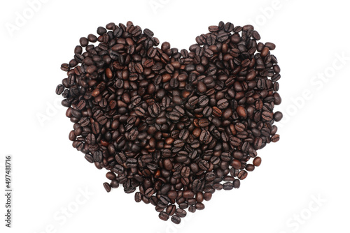 the texture of freshly roasted coffee beans heart. isolated white background.